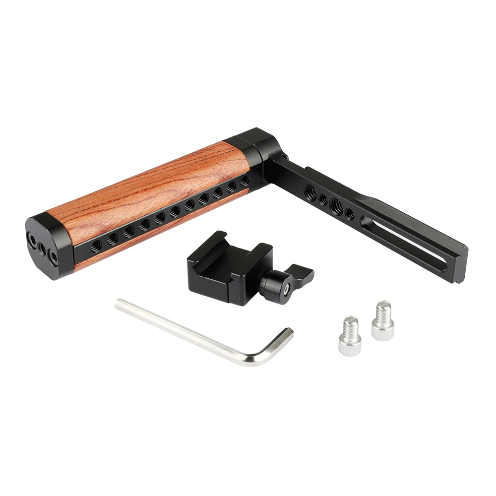 Impugnatura con impugnatura in legno NATO a forma di L CAMVATE con attacco per pattino freddo e fori filettati da 1/4 "-20 per Monitor, luce a LED, montaggio su microfono