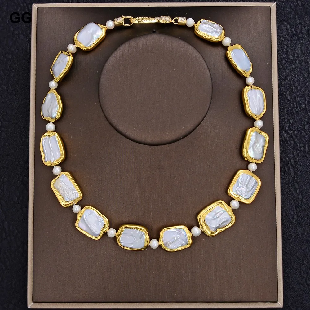 

G-G 18.5" White Square Keshi Pearl Gold color plated chokersNecklace for women luxury vintage