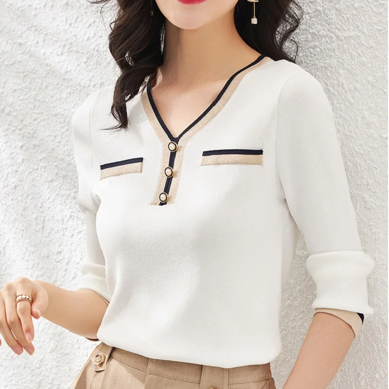 TuangBiang Women Button V-Neck Long Sleeve Patchwork Sweater 2023 Fashion White Elastic Pullover Autumn Lady Bright Silk Jumpers
