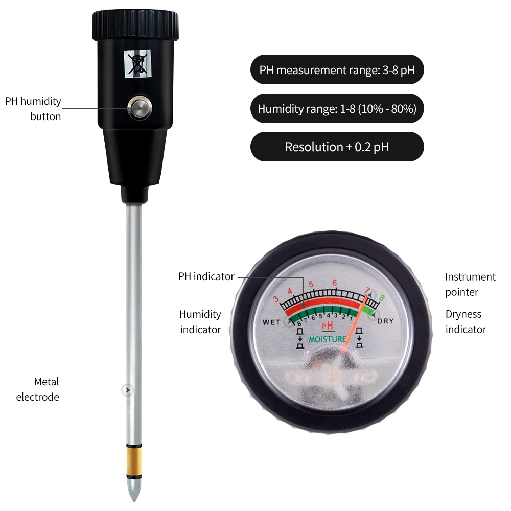 Handheld Soil pH Tester pH & Moisture Meter For Garden With 295mm Long Metal Probe Waterproof Soil Tester Kit Tools