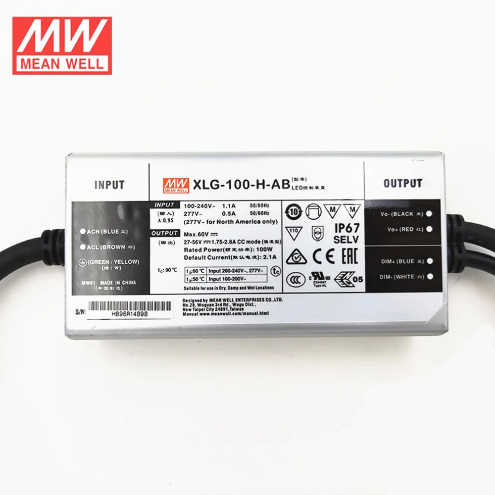 MEAN WELL XLG-100-H-AB 100W 27-56V 2100mA Constant Power mode LED Driver Dimmable LED Power Supply Adjustable Dimming