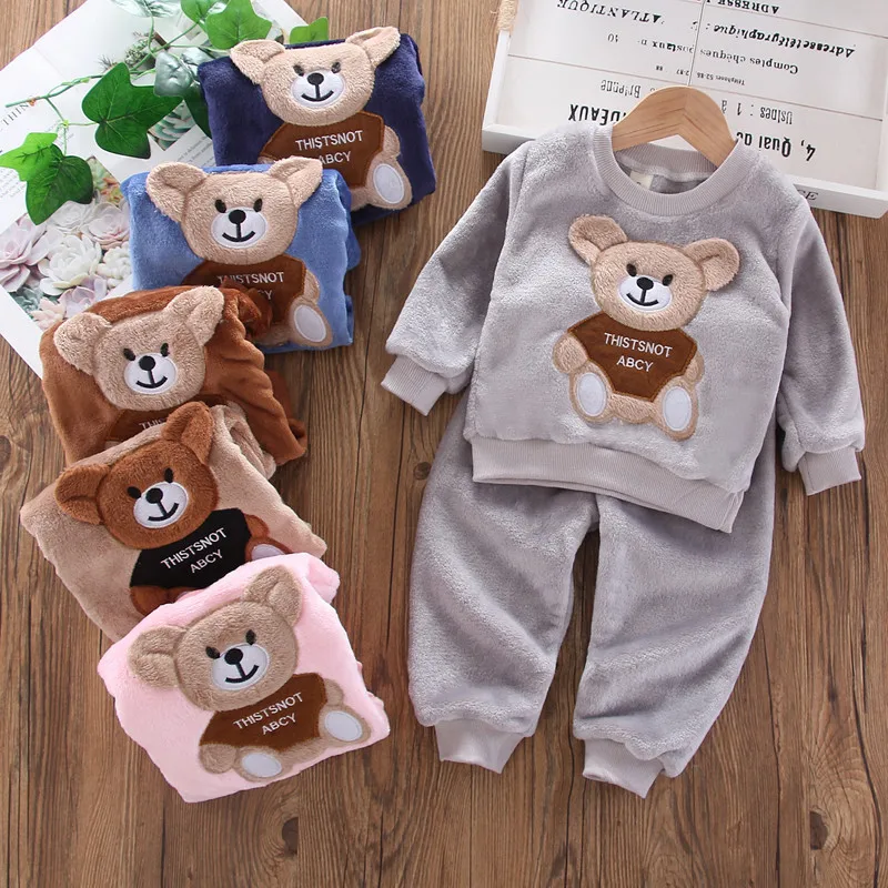 

Boys Girls Clothes Pajamas Set Cartoon Bear Pullover Pants 2Pcs Children Flannel Fleece Warm Sleepwear Suit Autumn Winter 1-6Y