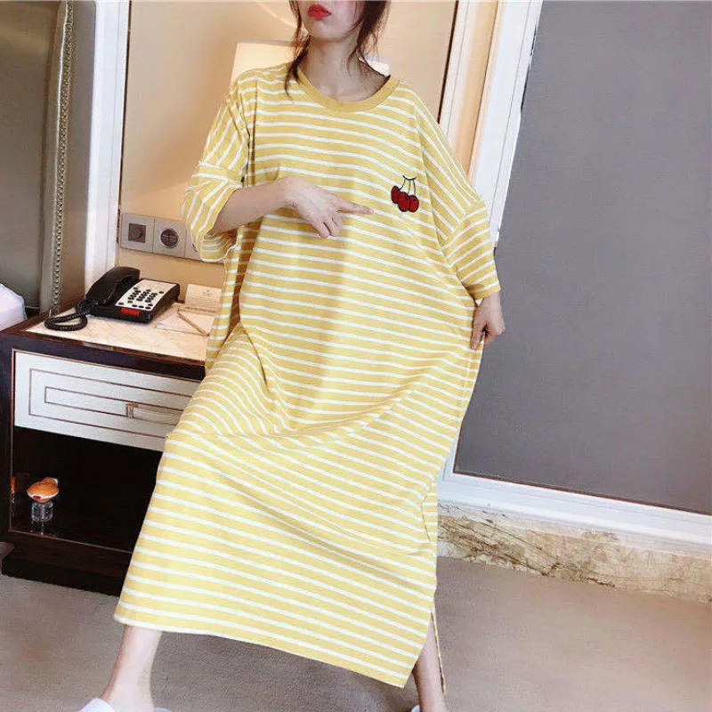 Nightgowns Women Mid-calf Striped Printed Plus Size 5XL Loose  Korean Casual Lovely Girls Sleep-shirts Comfortable Fashion Daily