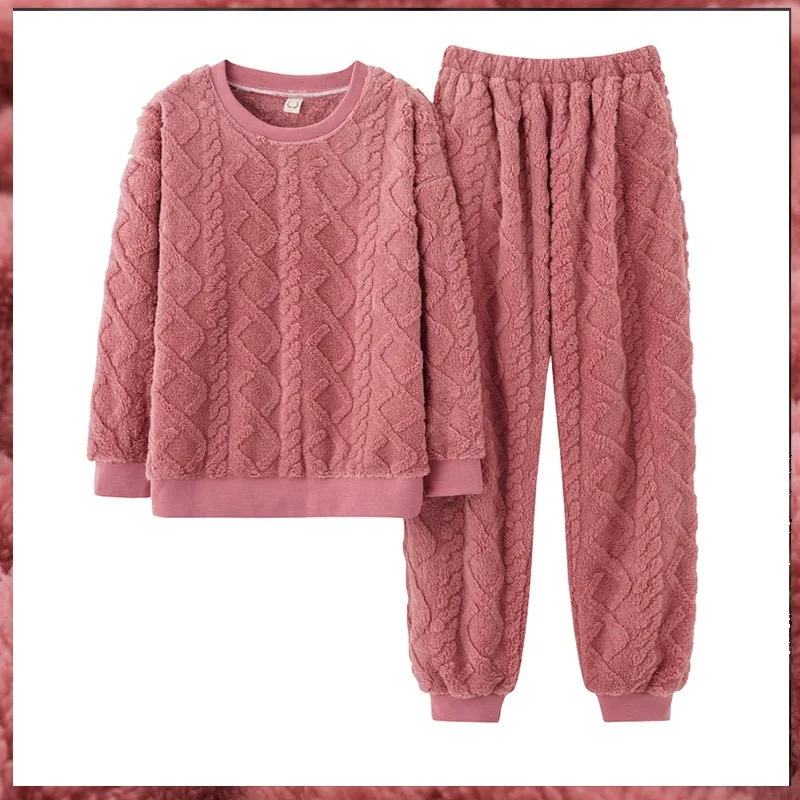Women’s Ultra-Soft Velvet Pajama Sets Winter Thicken Plush Pajamas Suit Coral Velvet Sleepwear Long-Sleeve Pants Nightwear
