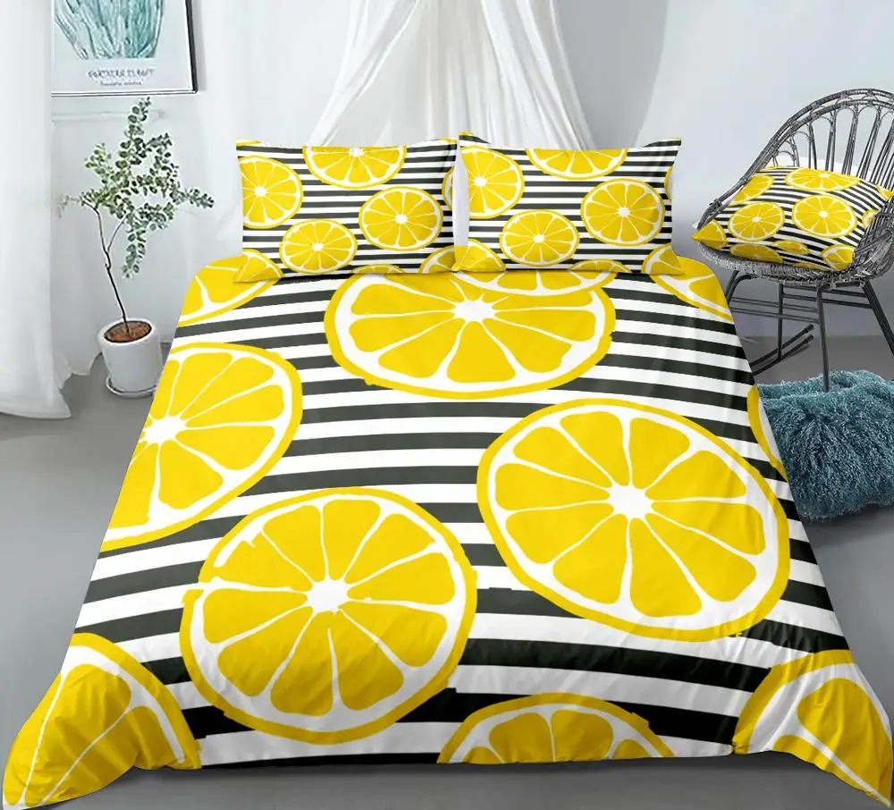 

Lemons Duvet Cover Set Yellow Lemons Bed Set Black White Striped Bedding Fruits Quilt Cover Queen 3pcs Home Textiles Dropship