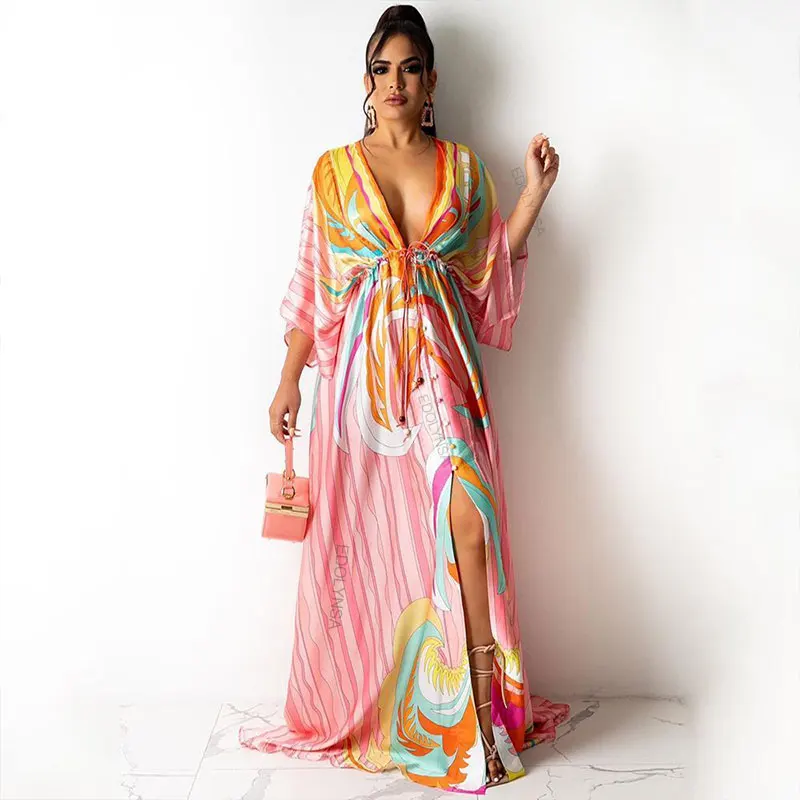 Elegant Gorgeous Printing Dress Women Casual Elastic Waist Long Party Dress 2023 Summer Loose Slit Beach Dress A932