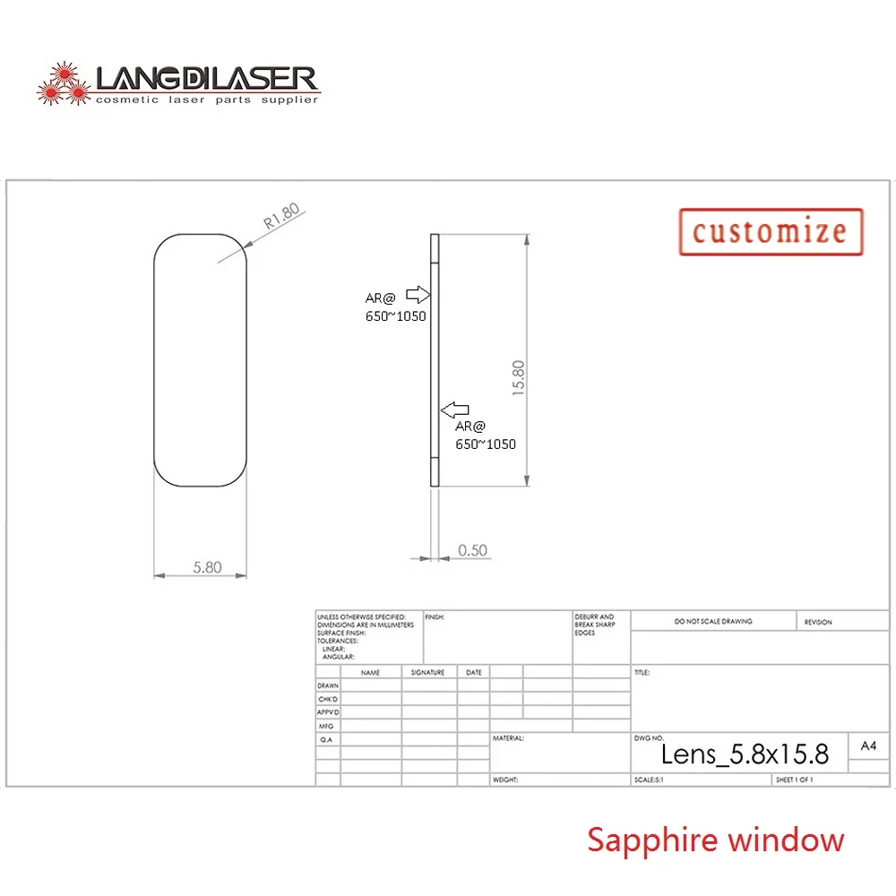 

size :15.8*5.8*0.5, laser window as double surface film coating AR@650~1050nm , transmission rate more than 99%