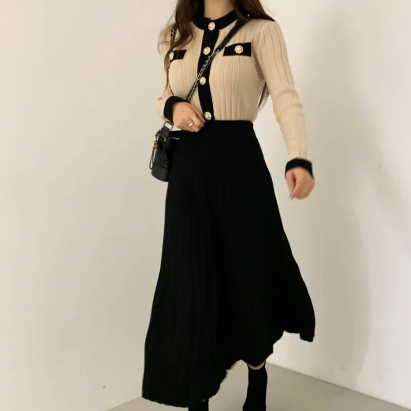 BLLOCUE New Autumn Winter Fashion Women Single Breasted Pearl Buttons Cardigan Sweater+High waist Pleated Skirt Suit 2Piece Set