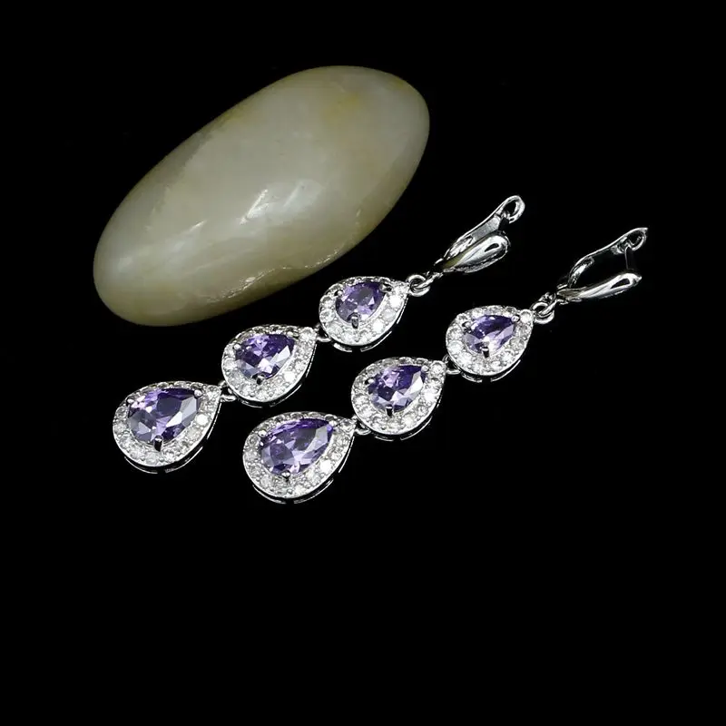 Water Drop 925 Sterling Silver Earrings for Women Purple Cubic Zirconia White Crystal Long Earrings