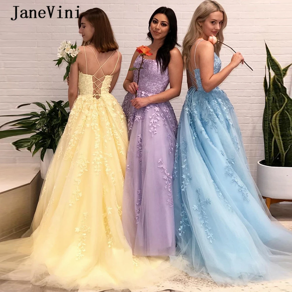 JaneVini 2020 Charming di Tulle Lungo Abiti da ballo Cinghie di Spaghetti Del Merletto di Appliques di Tulle Sweep Treno UNA Linea di Donne Formal prom Gowns