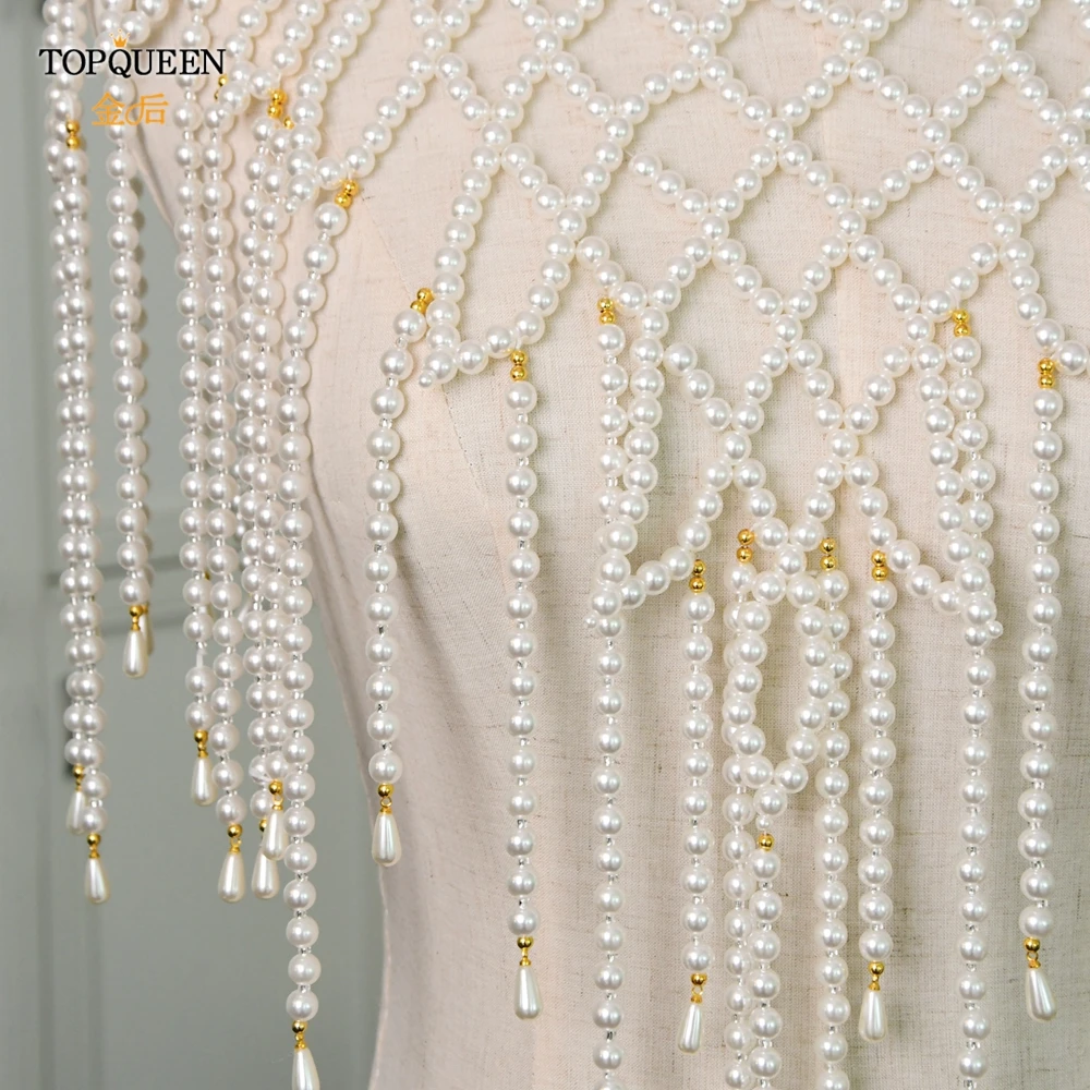 TOPQUEEN G42 Bridal Cape Pearl Cover for Bride Sexy Ladies Shawl Pearls Beaded Tassel Wedding Sleeves Removable White DIY Cape