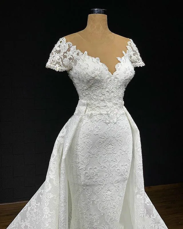 Luxury Lace Applique Wedding Dresses with Detachable Train 2021 Jewel Neck Mermaid Trumpet Princess Bridal Gown Robe De Mariée