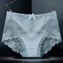 Culotte Sexy en Dentelle Transparente pour Femme, Sous-Vêtements Fessier, Lingerie Pilote, Slip en Coton, Mi-Audio, Grande Taille
