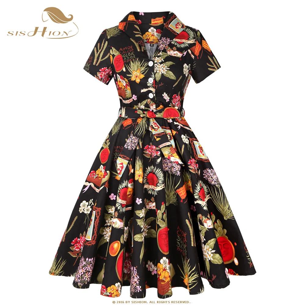 

SISHION Summer New Short Sleeve Cotton Black Dress SD0002 Floral Printed 4XL 50s 60s Rockabilly Swing Vintage Retro Dresses