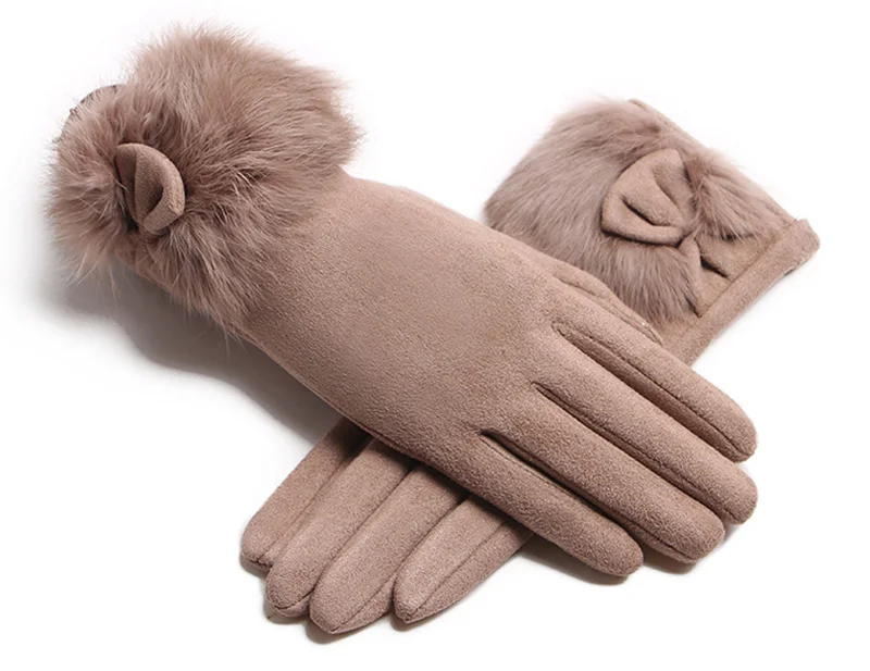 Winter Female Suede Leather Bow Plush Wrist Mitten Women Thick Plus Plush Windproof Warm Touch Screen Driving Gloves J22