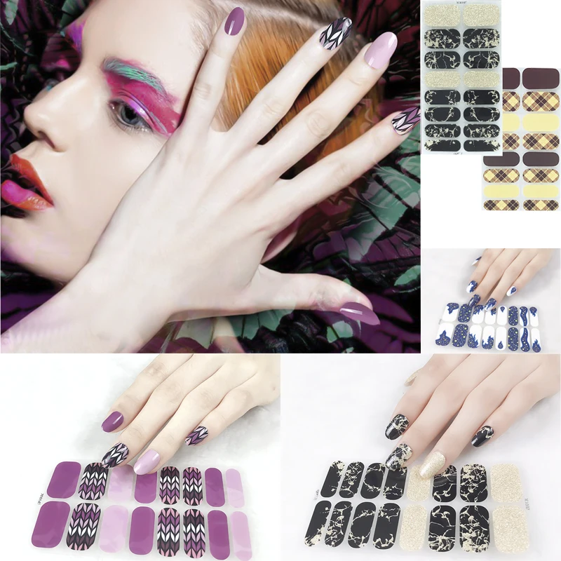 16tips/sheet Marble Glitter Element Nail Art Stickers Environmental Full Cover Adhesive Nail Wraps DIY Salon Manicure Decoration