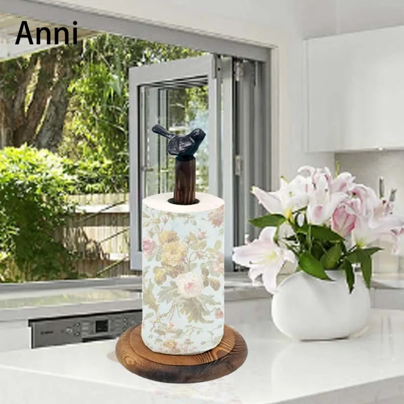 

Brown Solid Wood Paper Towel Holder European Vintage Bird Decorative Vertical Roll Paper Rack Kitchen Plastic Wrap Bag Organizer