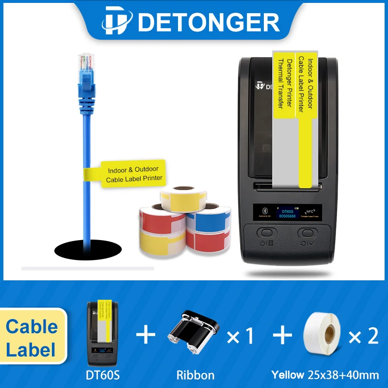 

DETONGER DT60S Portable Thermal Transfer Printing Machine for Outdoor Using 300dpi with Ribbon Cable Label Printer Android iOS