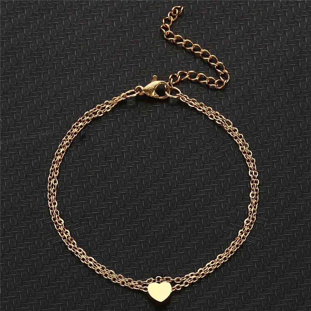 Stainless Steel Sequins Anklet for Women Double Layers Barefoot Sandals Heart Foot Bracelet Anklet Boho Beach Jewelry Gift