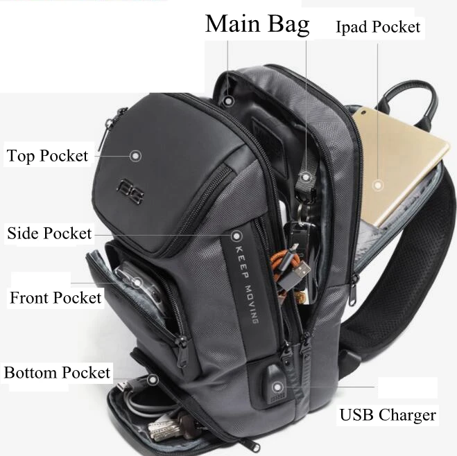 KAKA Brand Men backpack Bags chest bag men Shoulder bags USB Charge Cross body Bags Chest pack canvas backpack bag for men