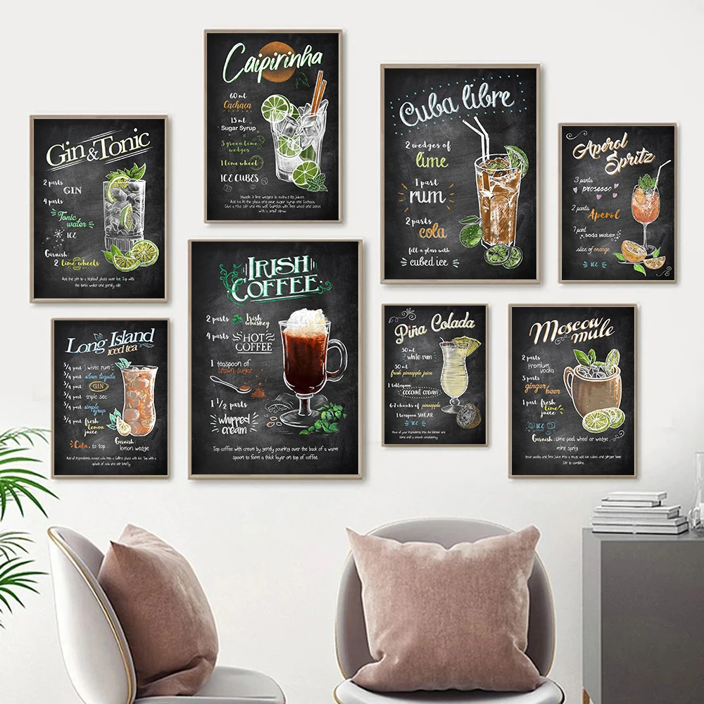 Retro Drinks And Cocktails Poster Vintage Blackbord Drawing Mojito Prints Posters Bar Pub Wall Decor Drink Alcoholic Picture