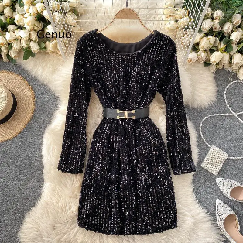 Autumn New Temperament Fashion Women's Sequined Round Neck Tie Waist Thin Sexy Bag Hip Nightclub Dance Dress