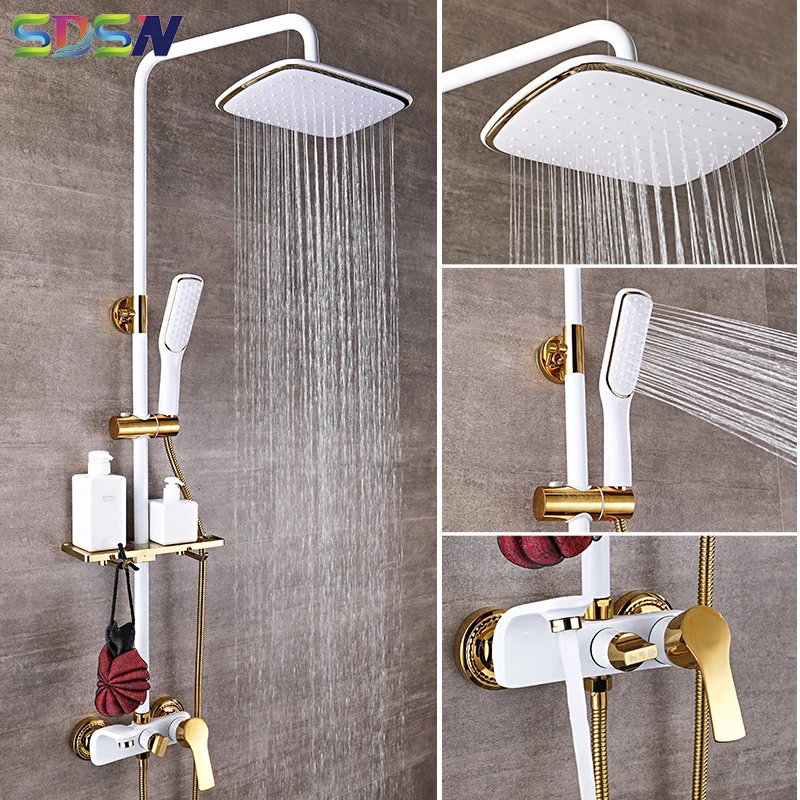 Shower Set SDSN White Gold Bathroom Shower System Quality Copper Brass Bathtub Faucet Rainfall Shower Head Spa Bath Shower Sets