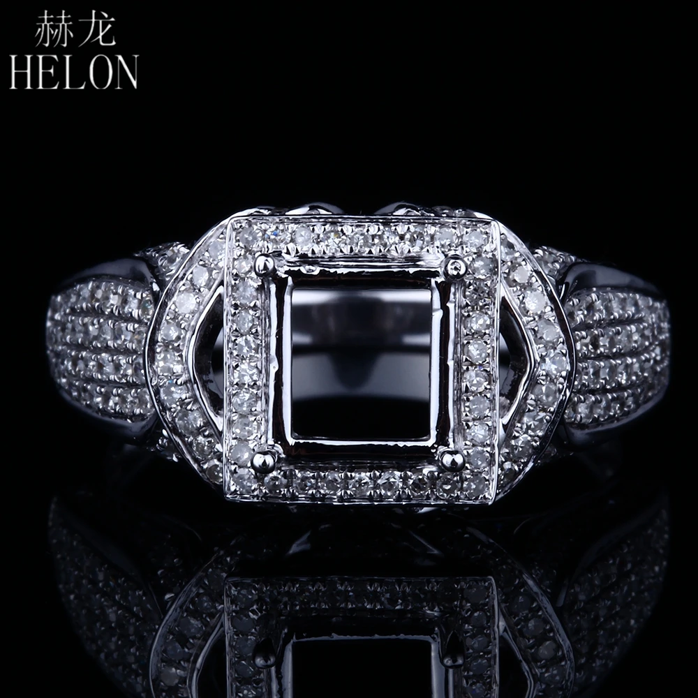 HELON Elegant Solid 14K White Gold Pave 0.75ct Natural Diamond Princess Cut Semi Mount Engagement Wedding Ring For Women Jewelry