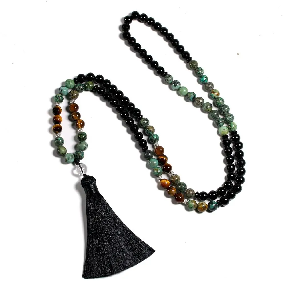 Natural Tiger Eye Stone 108 Japamala Beads Necklaces For Women Black Onyx Yoga Mala Tassel Long Necklace Men Jewelry 8MM