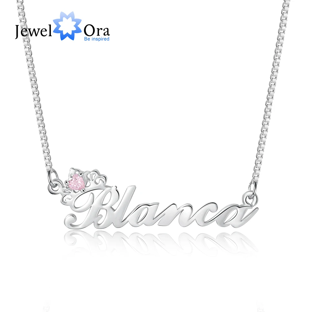 JewelOra 925 Sterling Silver Personalized Crown Nameplate with Birthstone Custom Name Letter Necklace Mothers Day Valentine Gift