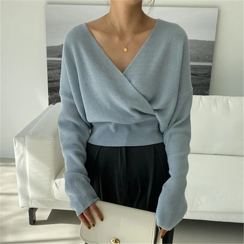 2021 New Spring Women tops Simply Solid Knitted pullovers V-neck Long sleeve Cotton Korean fashion style female tops