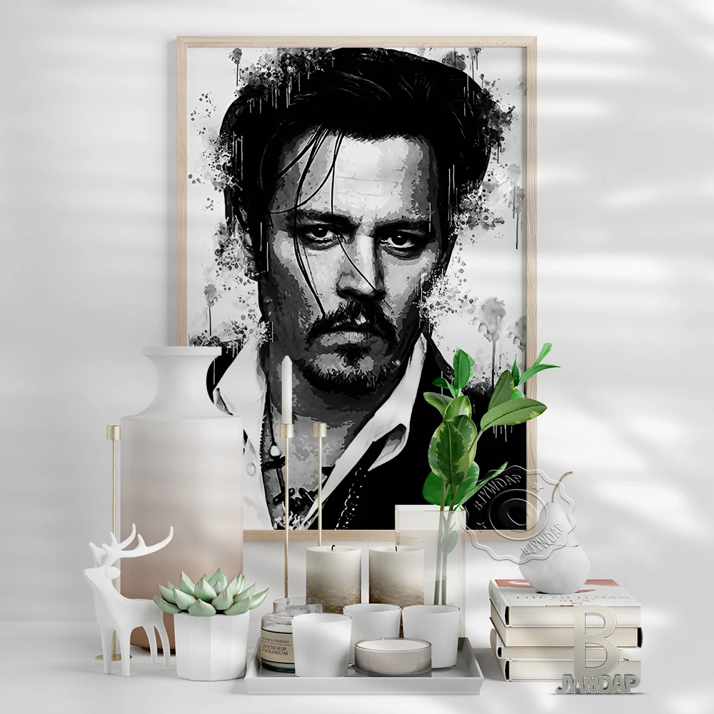American Actor Johnny Depp Portrait Poster, Romantic Handsome Men Sketch Art Prints, Minimalismblack White Home Wall Decor Gift