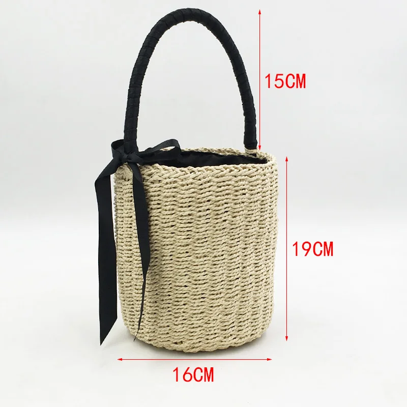 Handmade Women\'s Handbag Bucket Straw Bag Female Summer Beach Bags Bohemia Woven Bow Top-handle Tote Knitted Drawstring Basket