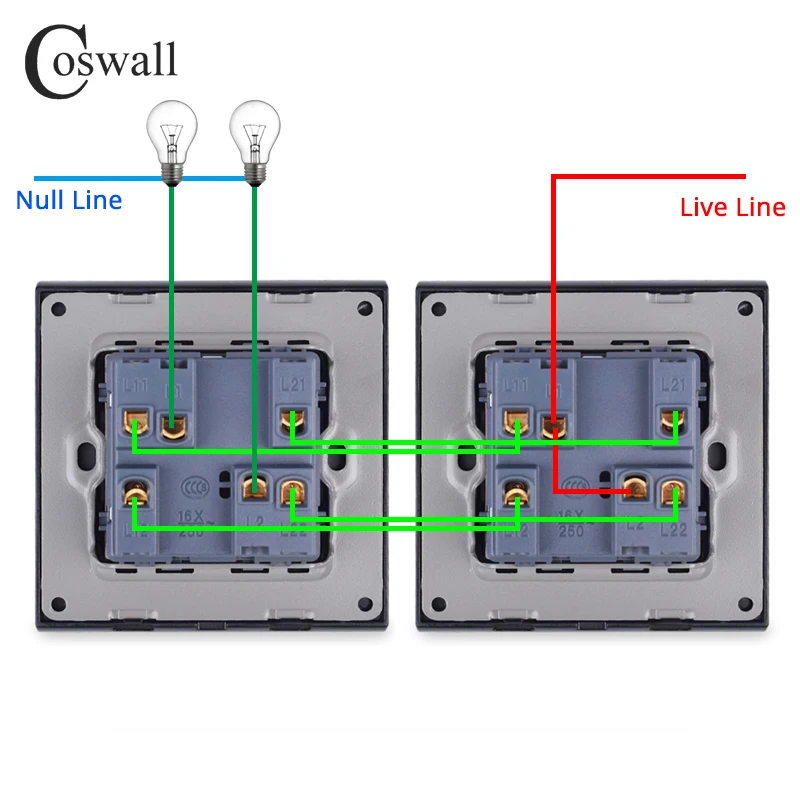 Coswall 2 Gang 2 Way Luxury Light Switch On / Off Wall Switch Pass Through Interruptor Stainless Steel Panel AC 110~250V