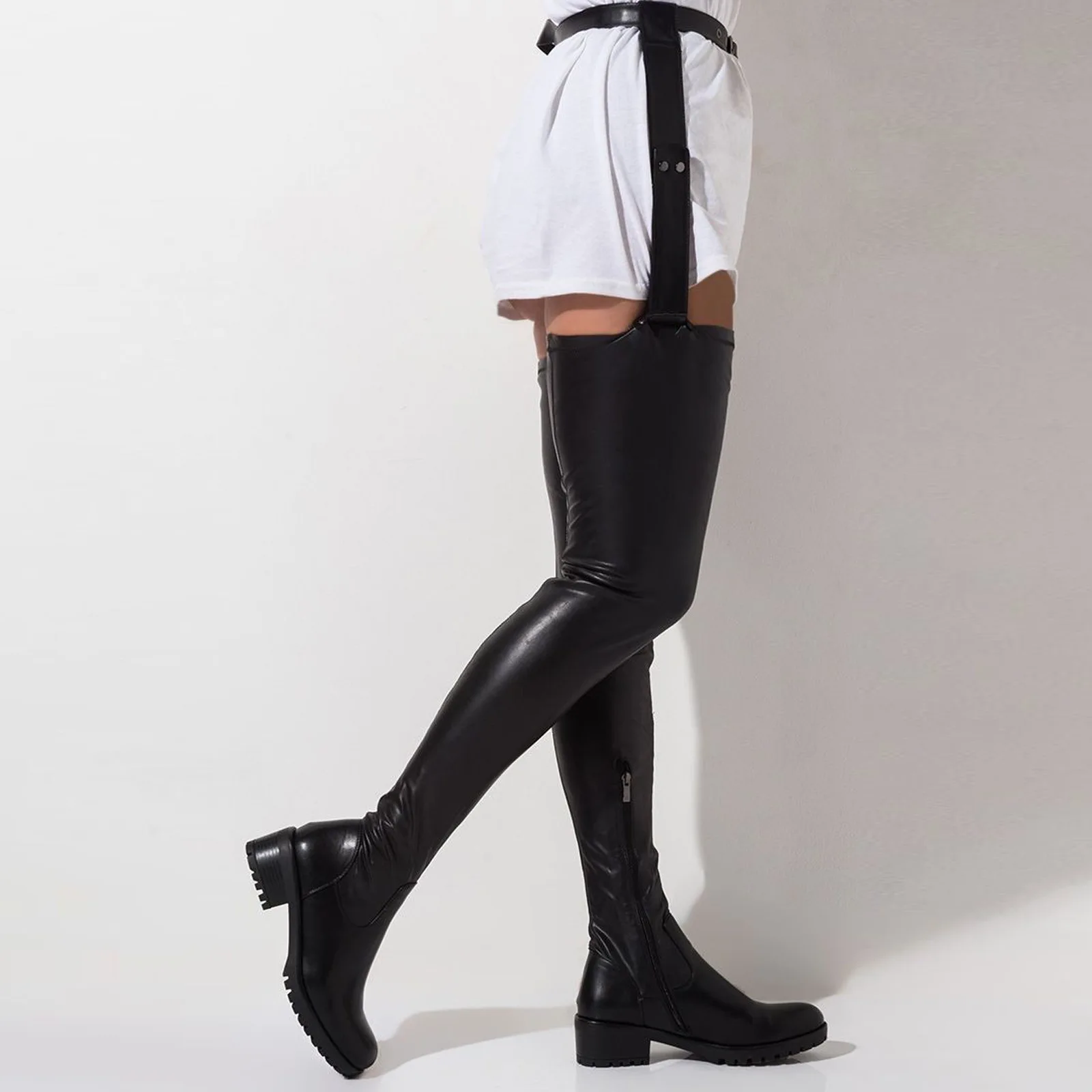 Black matte leather over the knee stretch thigh boots straight fashion waist strap over the knee thigh boots 2022 trend new