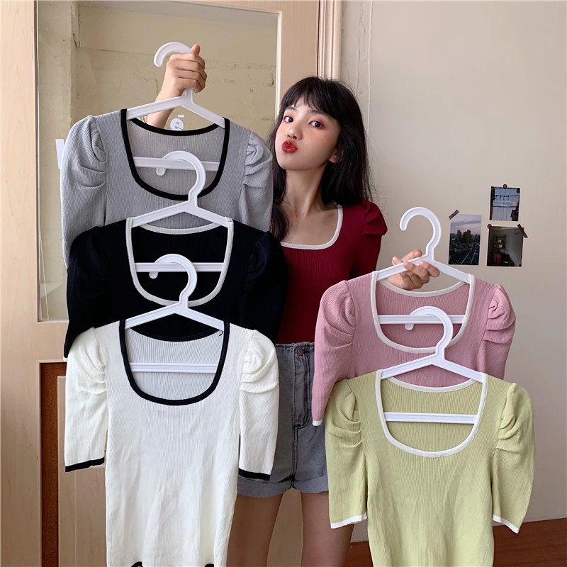 Women Short Puff Sleeve Tee Shirts Lady Fashion Patched Square Collar Knit Stretchy Chic Crop Tops T-shirts For Girls Summer