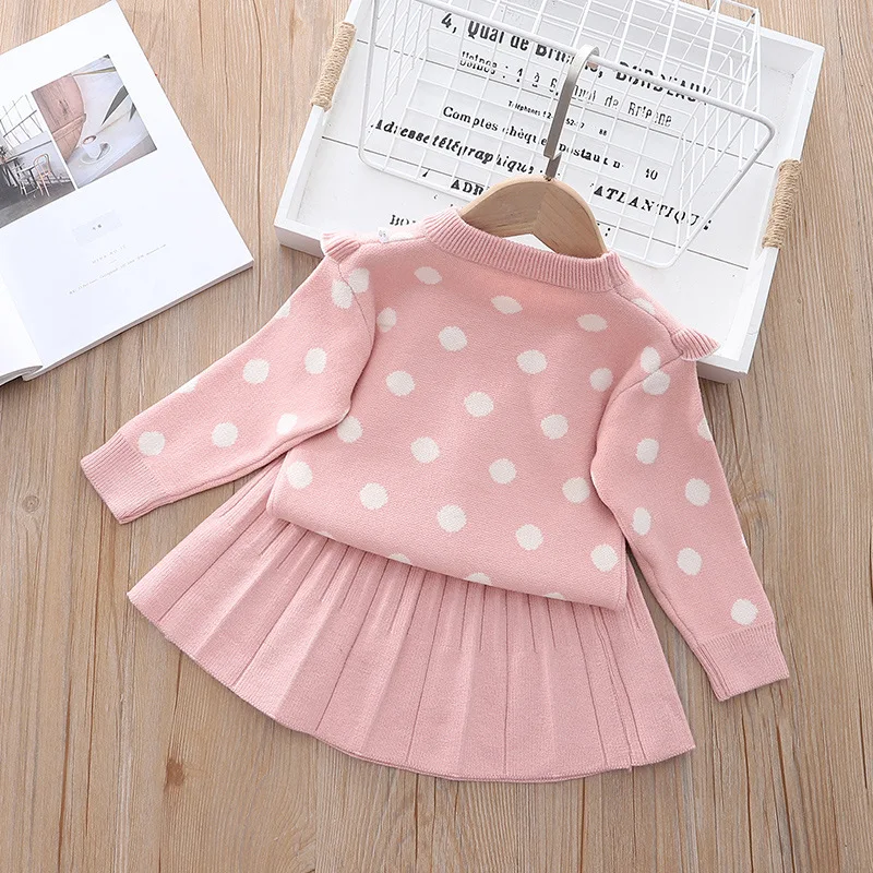 Girl Cute Sweet Set Girls Knitted Polka Dot Sweater Pleated Skirt Two-piece Sets Kids Toddler Autumn Long-sleeved Clothes