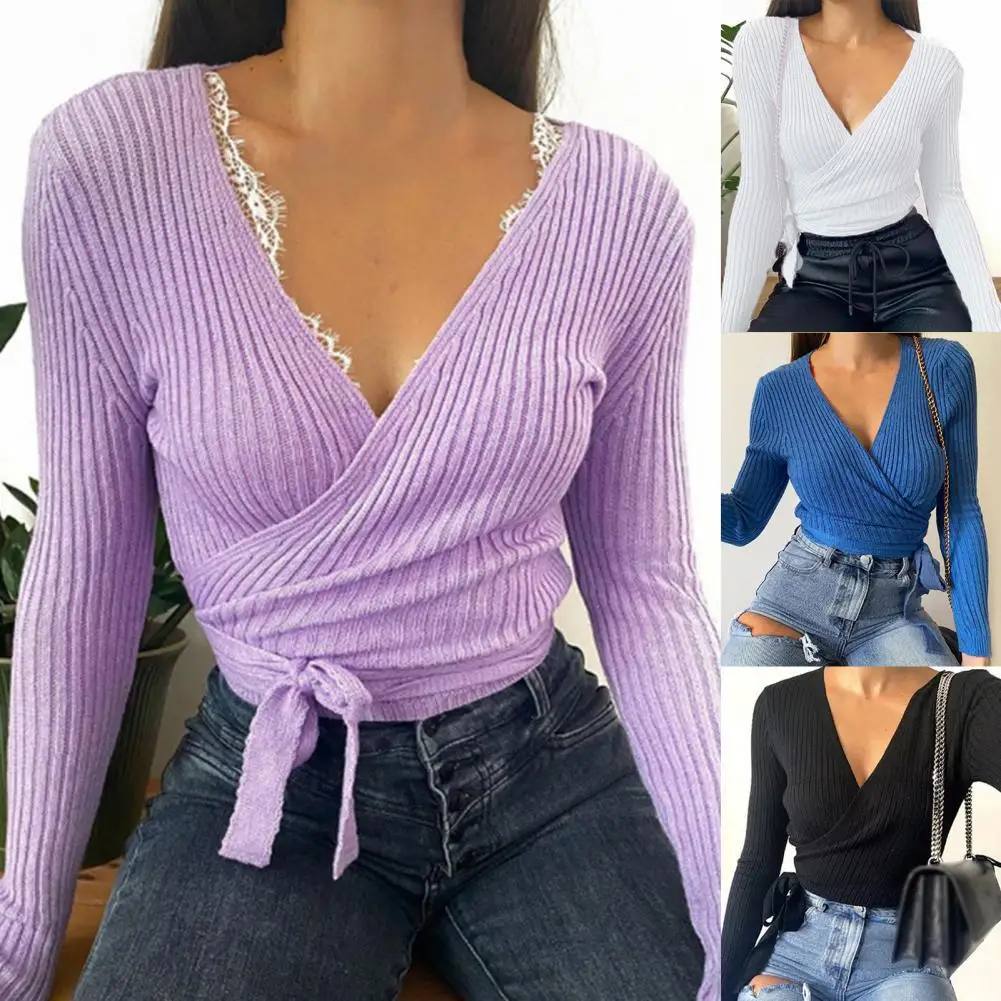 

Women Bandage Knitted Sweater Fashion Ribbing Solid Sexy V Neck Long Sleeve Pullovers 2021 Ladies Autumn Winter Warm Sweater