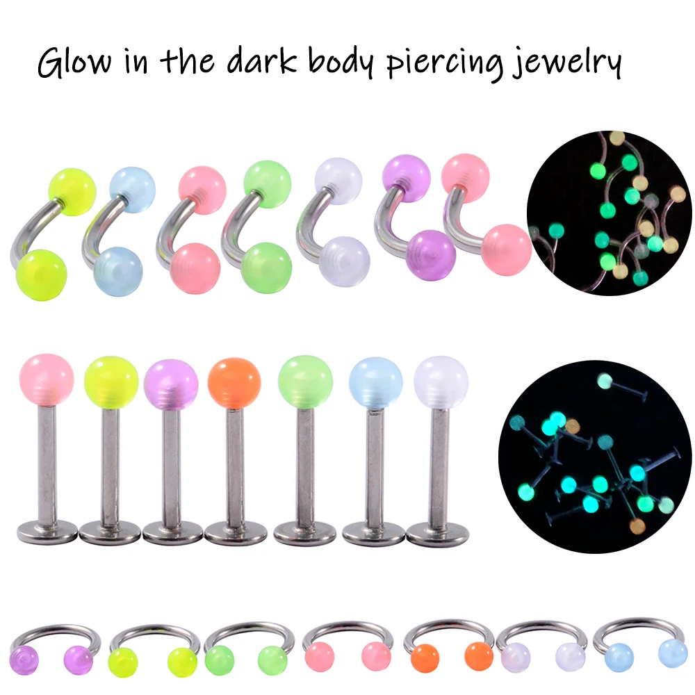 10/14pcs/Set Luminous Surgical Steel Tongue BCR Navel Belly Ring Acrylic Glow in the Dark Ball Labret Stud Body Piercing Jewelry