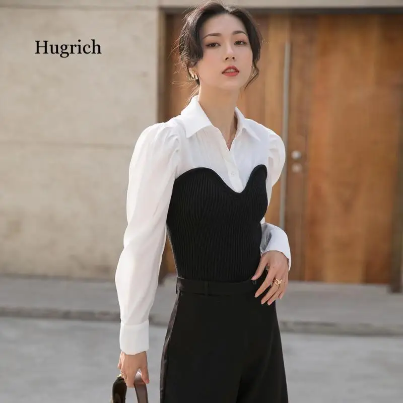 2021 Korean Spring New Simple Fashion Lapel Fake Two Slim Stitched Knitted Long Sleeve Shirt