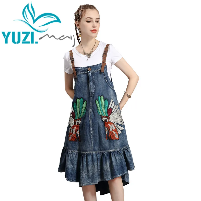 Summer Dress 2020 Yuzi.may Boho New Denim Women Dresses Vintage Embroidery Adjustable Suspender Dresses A82221 Vestidos Female