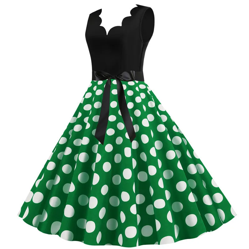 Polka Dot Print Women Summer Dress Black Patchwork Sleeveless V Neck Elegant Vintage Party Casual Midi Dress