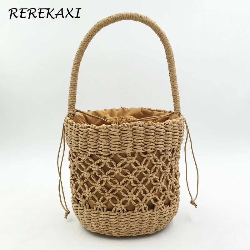 Hollow Women Handbag Summer Woven Bucket Beach Bag Handmade Female Straw Bags Bohemian Tote Knitting Top-handle Mesh Bag Basket