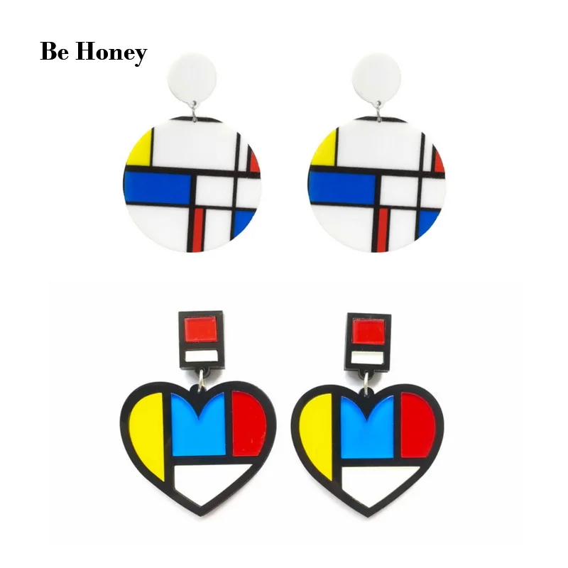 New Trendy Round And Heart Shape Mondrian Art Red Blue Yellow Geometric Acrylic Stud Earrings For Women