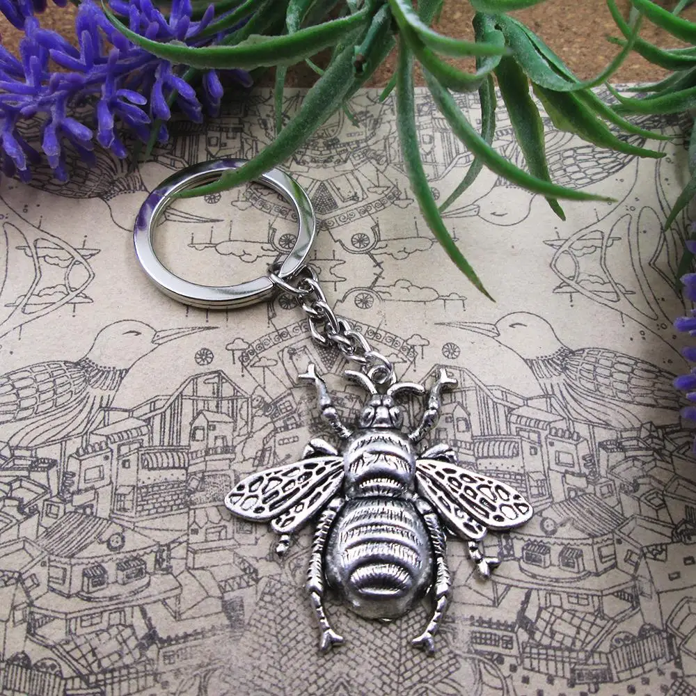 3pcs/Lot Fashion 40*38mm Big Bee 28mm Keyring Metal Chain Silver Color Men Car Gift Keychain