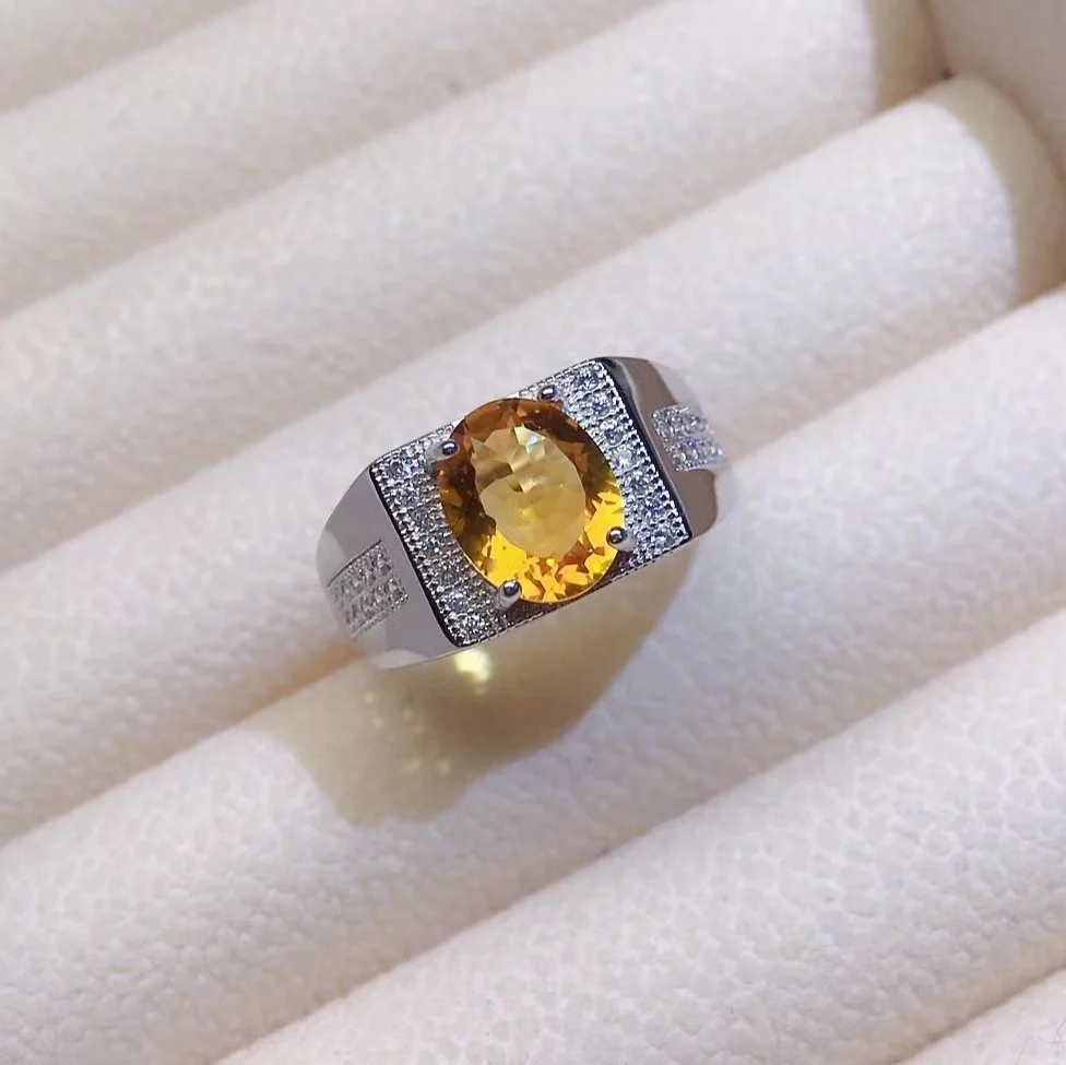 

Luxury Silver Man Ring with Gemstone 8mm*10mm VVS Grade Natural Citrine Ring for Man 925 Silver Crystal Man Jewelry