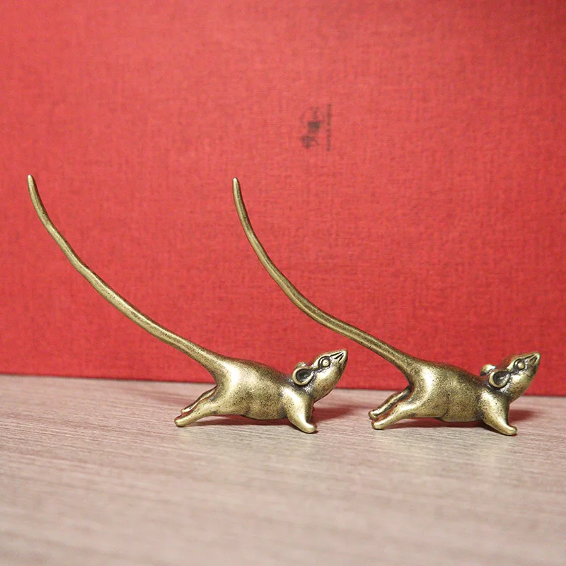 Vintage Brass Long Tail Zodiac Mouse Statue Desktop Ornaments Cute Rat Miniatures Figurines Paperweight Decoration Mice Tea Pets