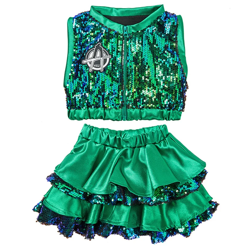 Modern Jazz Hip Hop Dance Costume Outfits Sequins Shiny Crop Top Skirts green pink sparkly set