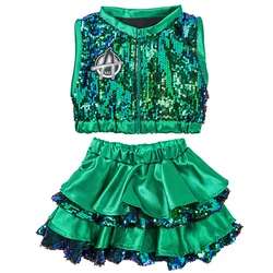 Modern Jazz Hip Hop Dance Costume outfit paillettes Shiny Crop Top gonne verde rosa sparkly set