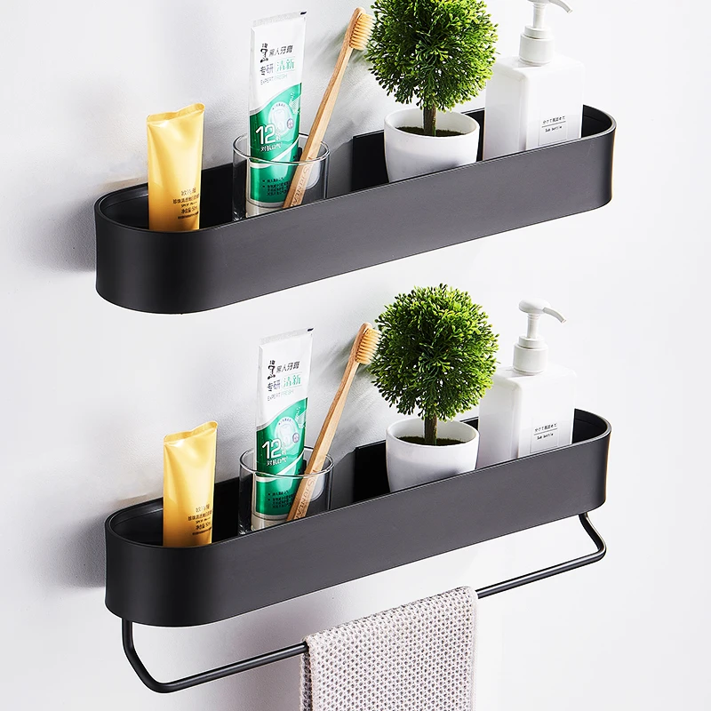 Bathroom Shelf Rack Wall Mounted Shelves Bath Towel Holder Black Shower Storage Basket Kitchen Organizer Bathroom Accessories